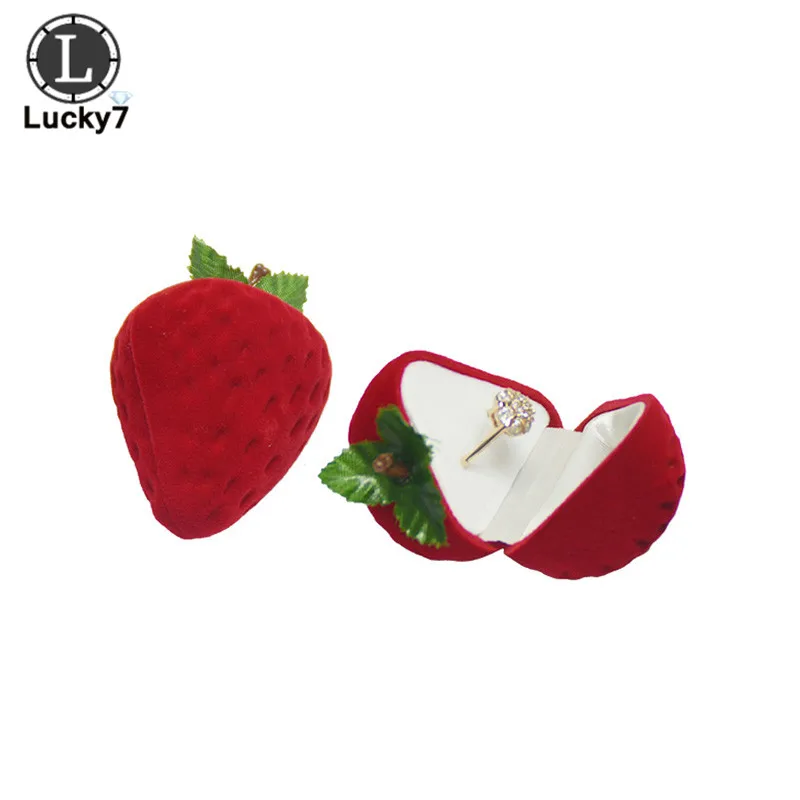 Wholesale 24pcs/lot Strawberry Shape Jewelry Storage Boxes Lovely Velvet Lady Ring Organizer Case Earring Ring Gift