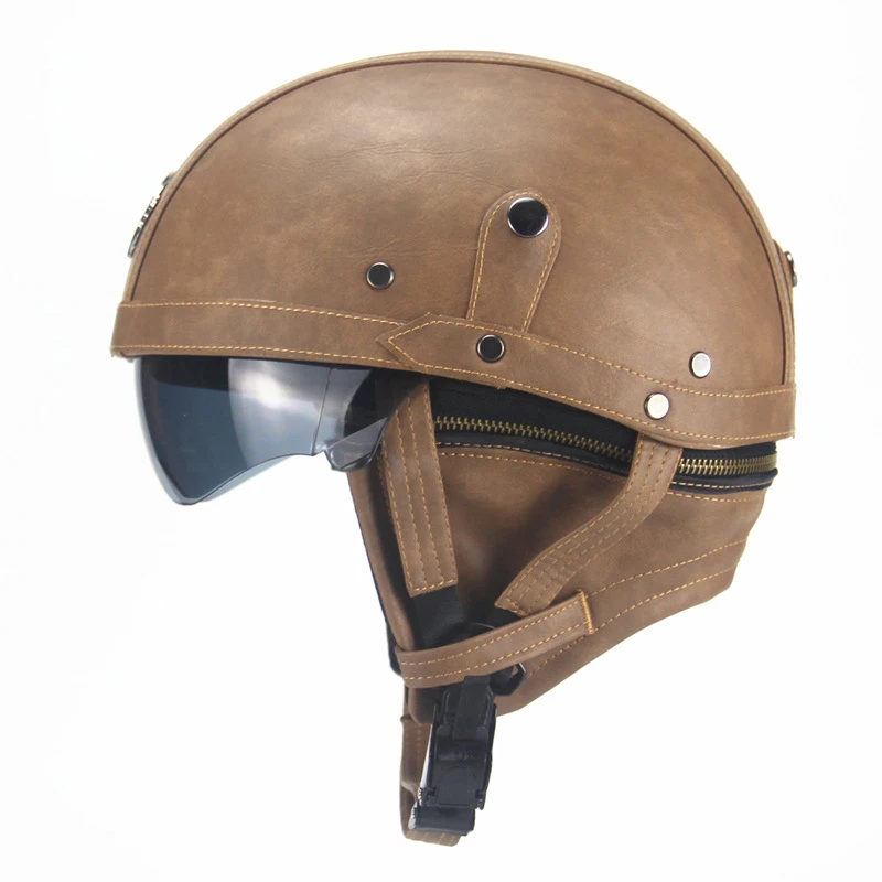 

Motorcycle Motorbike Rider Half PU Leather Retro Helmet Visor With Collar Vespa Half Open Face Helmet with dual lens