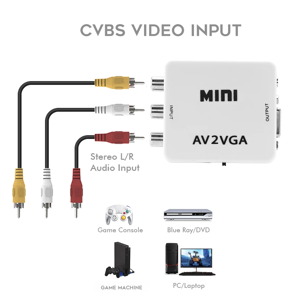 Konwerter wideo Mini konwerter 1080P RCA AV na wideo VGA konwerter z 3.5mm Audio AV2VGA / CVBS Audio na PC HD komputer do TV