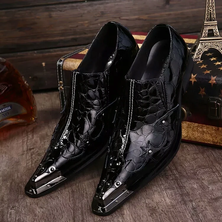 Spring summer black patent leather mens pointed toe dress shoes metal tip studded classic slip on oxford shoes for men