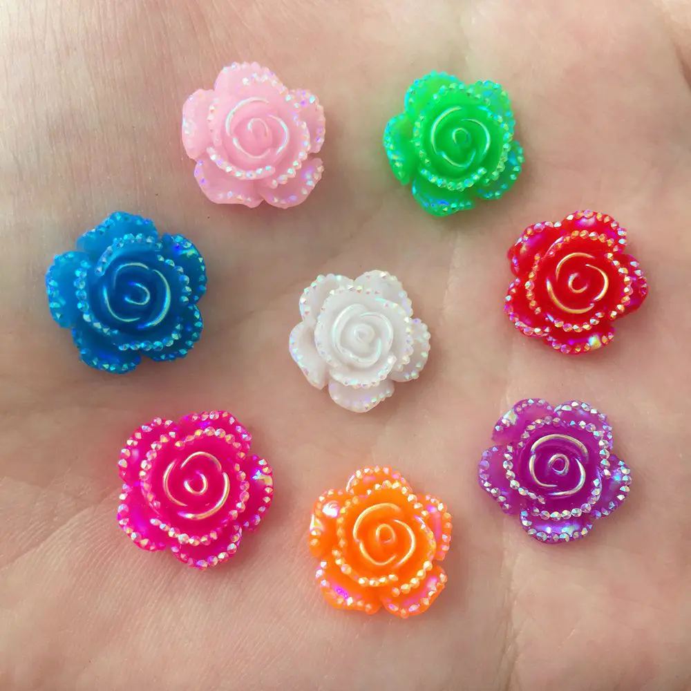 New 60Pcs 14mm AB Resin Rose Flatback Flower Stone Scrapbook Wedding Buttons DIY R22*3