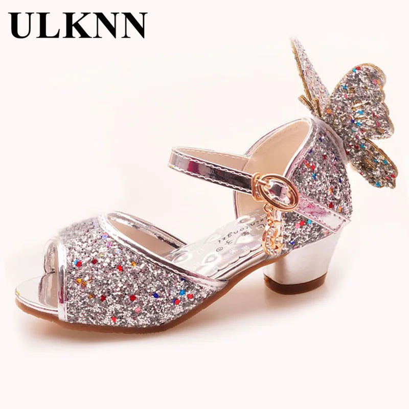 ULKNN Girls Sandals Rhinestone Butterfly pink Latin dance shoes 5-13 years old 6 children 7 summer high Heel Princess shoes kids