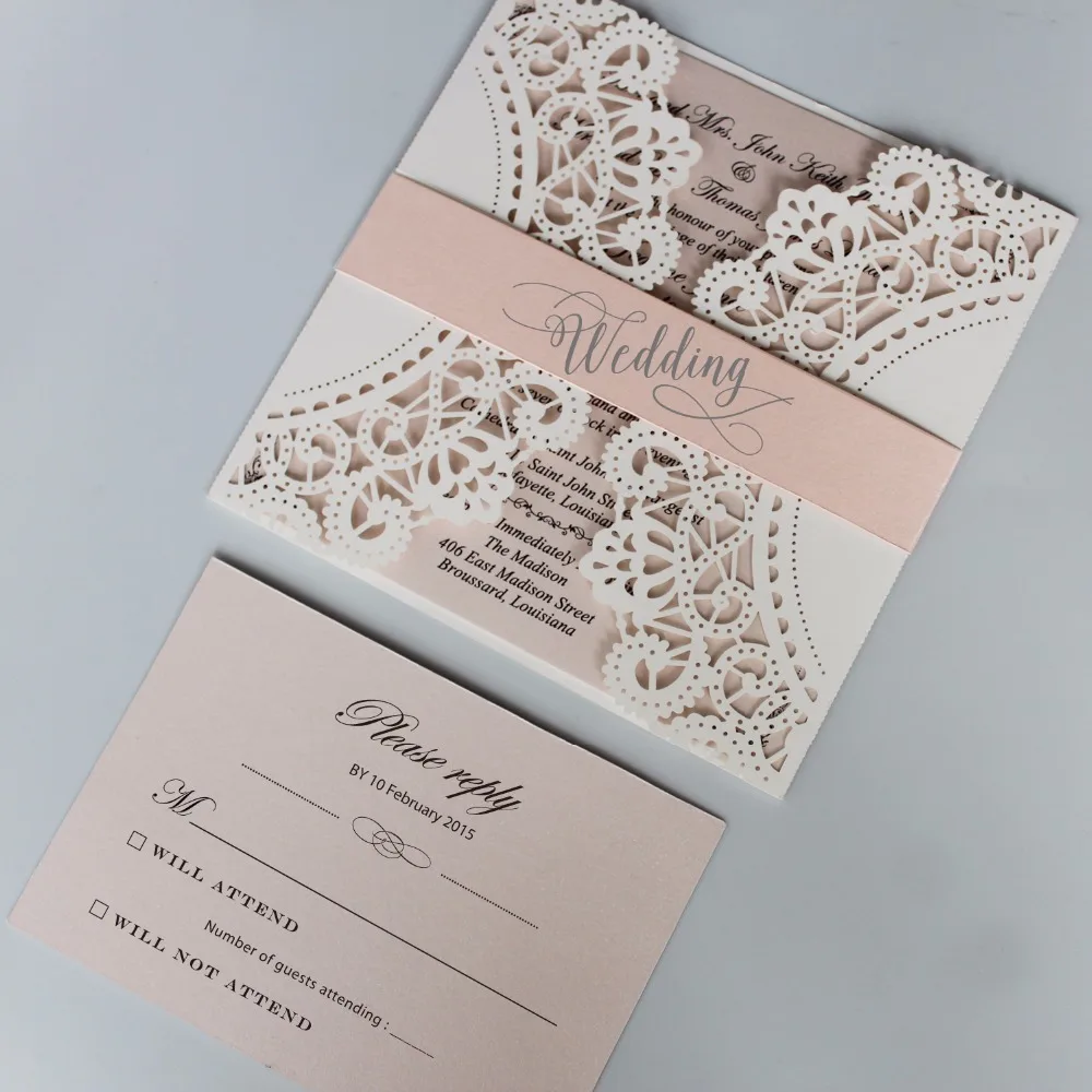 Romantic Wedding Invitation Set Pink Invitation Cards Lace Wedding Invite With Customized wording - Set of 50 pcs