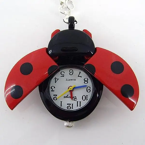 10pcs/Lot Mixed Color Ladybug Beetle Necklace Pendant Pocket Quartz Watch Chain Battery Included Gift GL2M Children Kids Watches