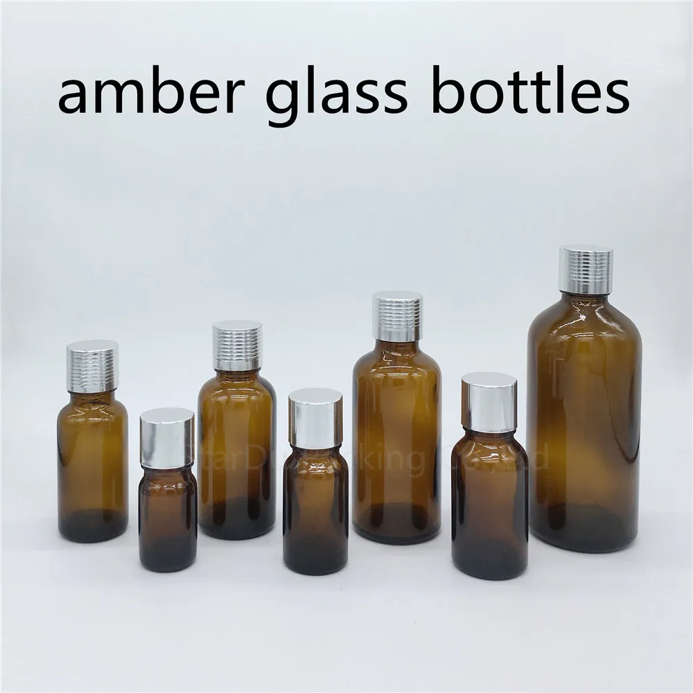 

200pcs 5ml 10ml 15ml 20ml 30ML 50ml 100ml Amber Glass Bottle Vials Essential Oil Bottle With Silvery Screw Cap Perfume Bottle