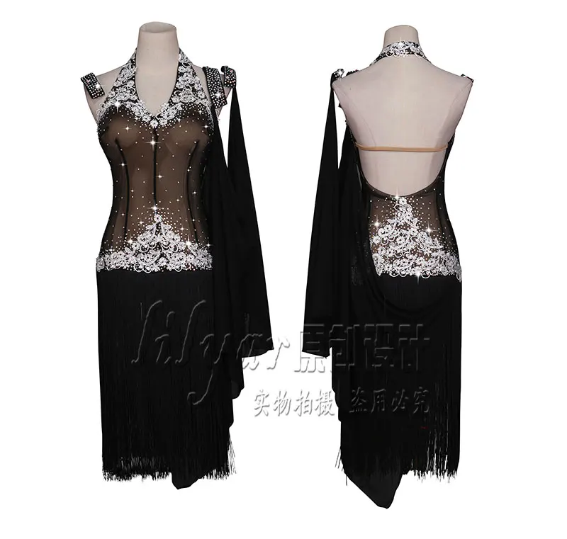 Customized Latin fringed skirt, slim figure, thin lace embroidered diamond dress, elegant performance dress