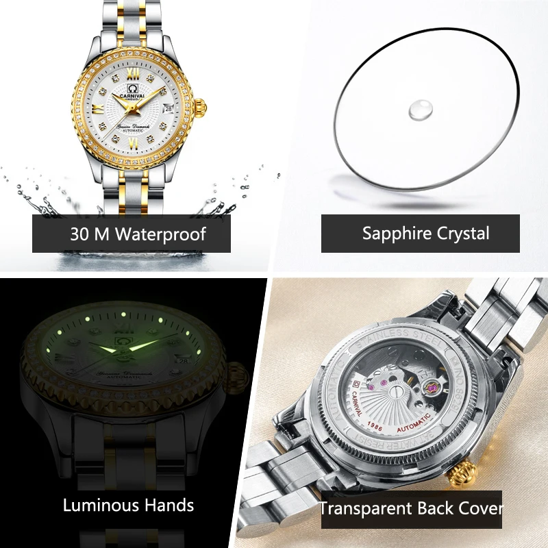 Switzerland Carnival Luxury Brand Watch Women Automatic Mechanical Ladies Watches Diamond Golden Sapphire Crystal Clock C8629L-6