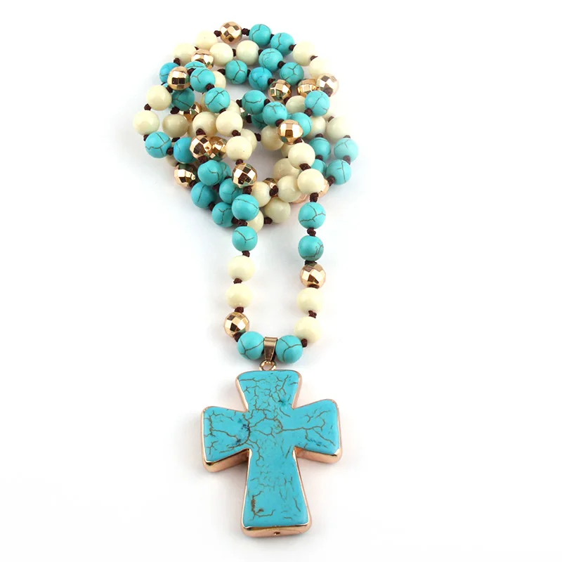 Fashion Bohemian Tribal Jewelry Magnetic Beads Semi Precious Stones Long Knotted Stone Cross Pendant Necklaces  Ethnic Necklace