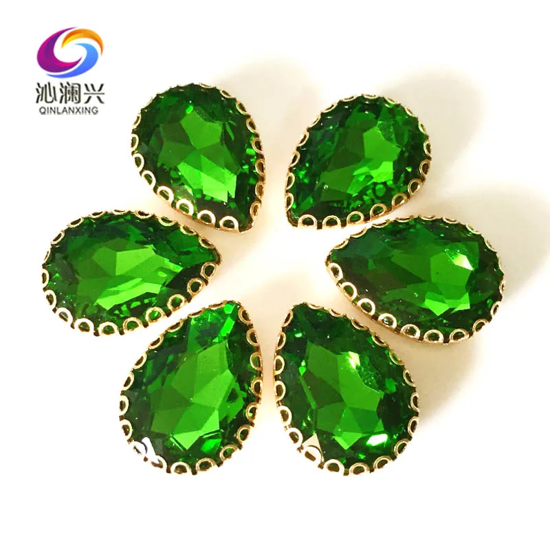 

Drop Shape Grass Green Color Glass Crystal Lace Claw Rhinestones, Golden Bottom Sewing Accessories, Used for Needlework, HLS17