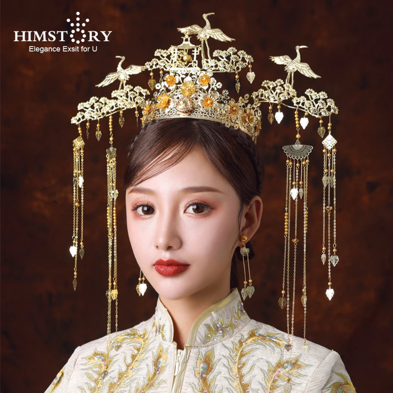 HIMSTORY Classic Ancient Chinese  Accessories Flying Bird  Bridal Headdress Phoenix Long Tassel Crown Hair Jewelry