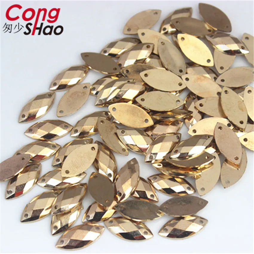 Cong Shao 300 Pz 7*15mm Colore Oro Occhio di Cavallo flatback Acrilico Strass pietre e cristalli cucito 2 Fori costume Pulsante CS225