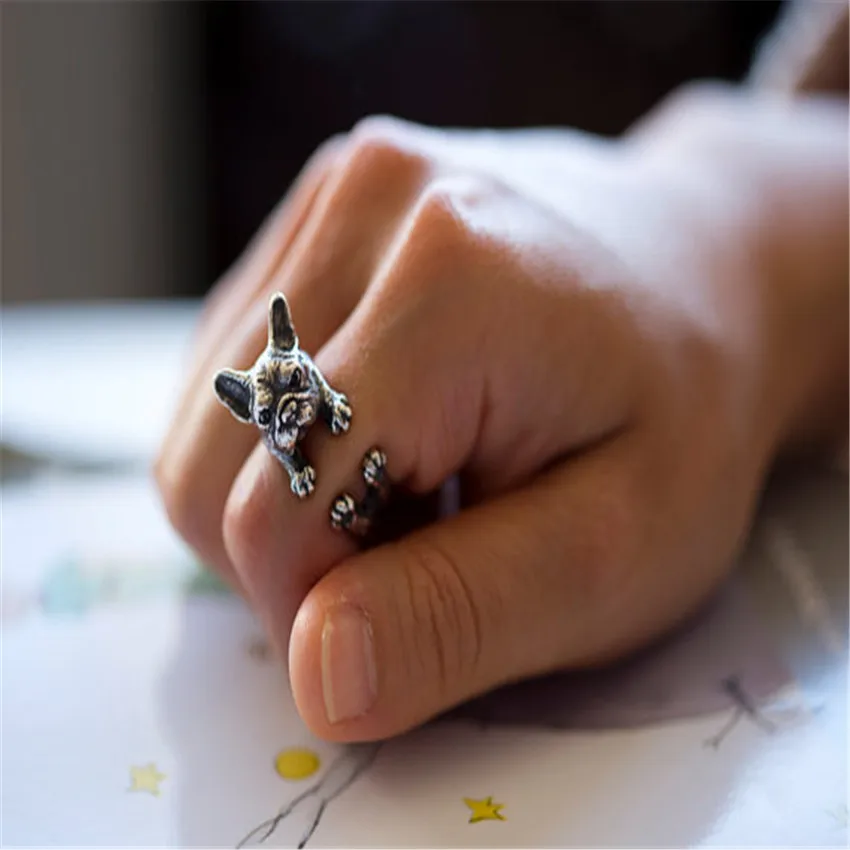 CHENGXUN  European Style Animal Rings Handmade French Bulldog Wrap Rings for Kids Best Friend Three Color to Choose