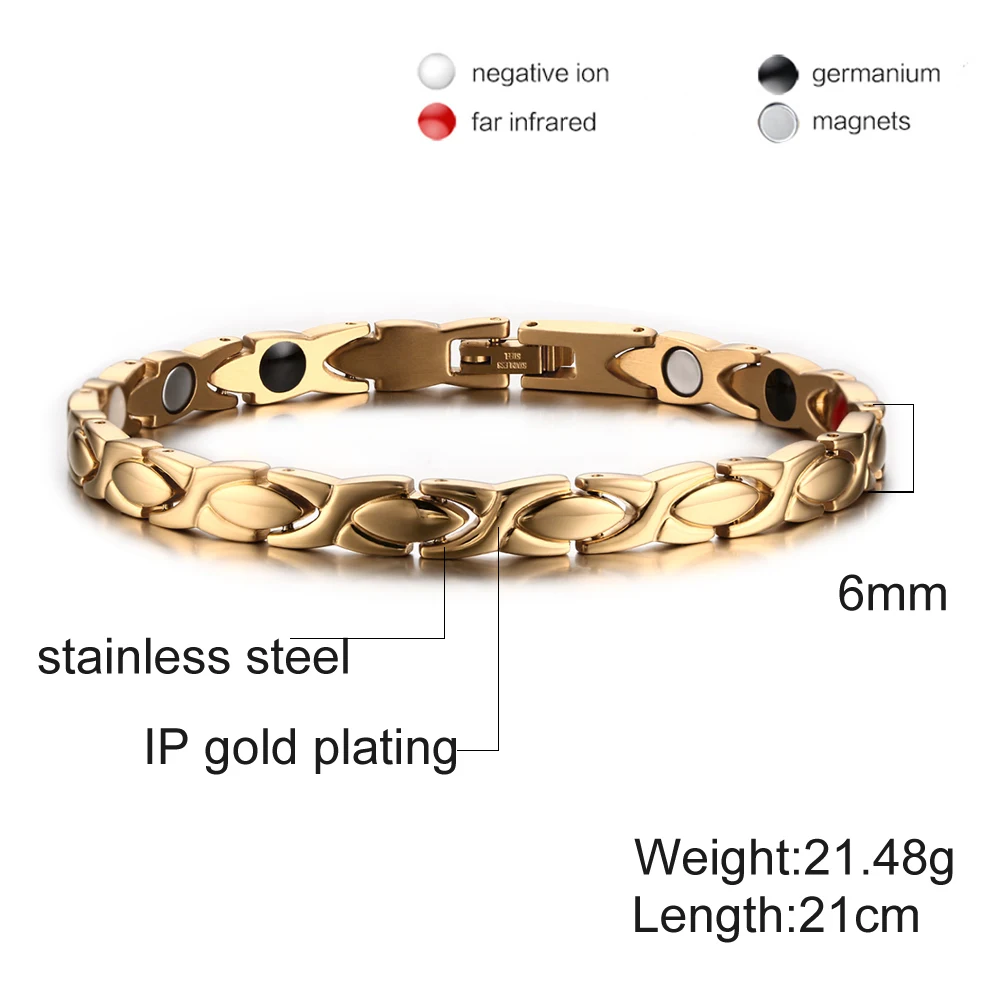 Vinterly Bracelets for Women Chain Link Energy Wristband Magnetic Femme Luxury Stainless Steel Jewelry 6mm Wide Waterproof