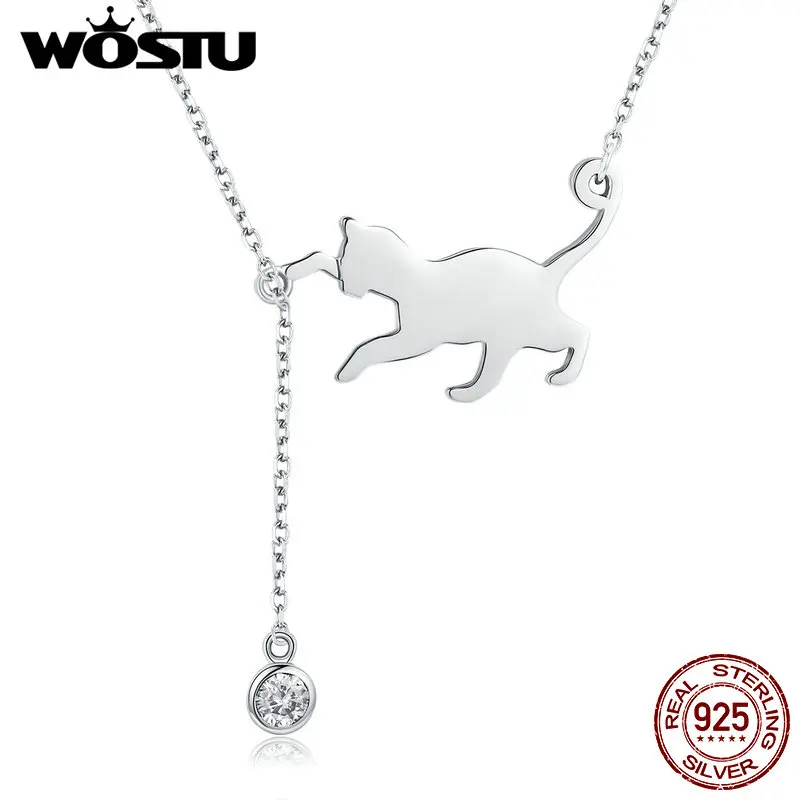 WOSTU 100% 925 Sterling Silver Playful Cat Pet Chains Pendant Necklace For Women Luxury Brand Jewelry Dropshipping Gift CQN232