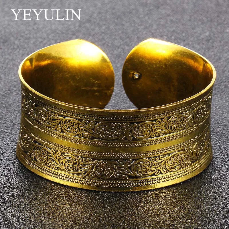 Tibetan Jewelry Retro Gold Color Flower Pattern Bangle For Woman Wide Opening Bracelet & Bangle Gift