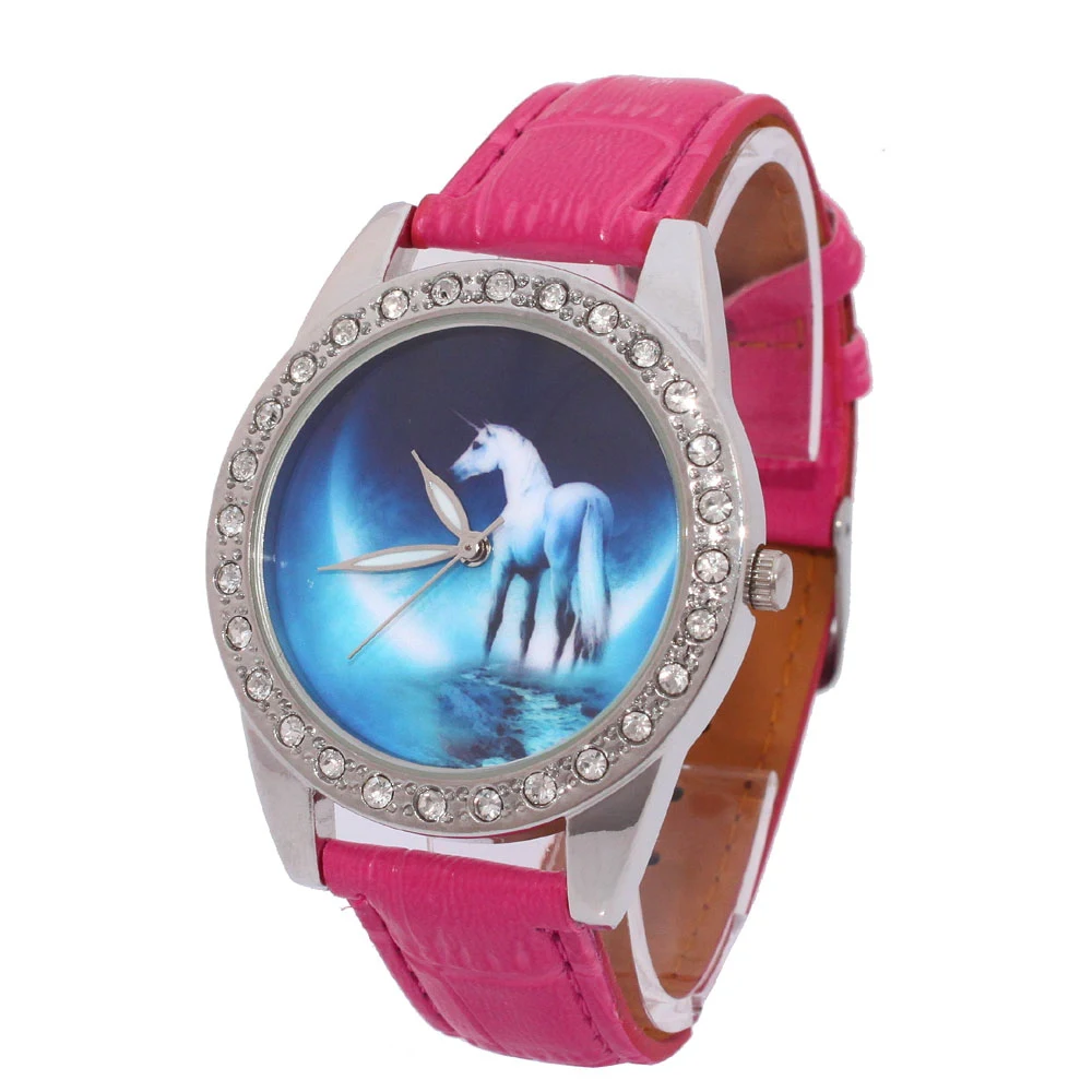 Fashion Lucky unicorns Cartoons Animal Women's Watch Analog Quartz Crystal Diamonds Leather Lady Student Wristwatch Gifts L40B