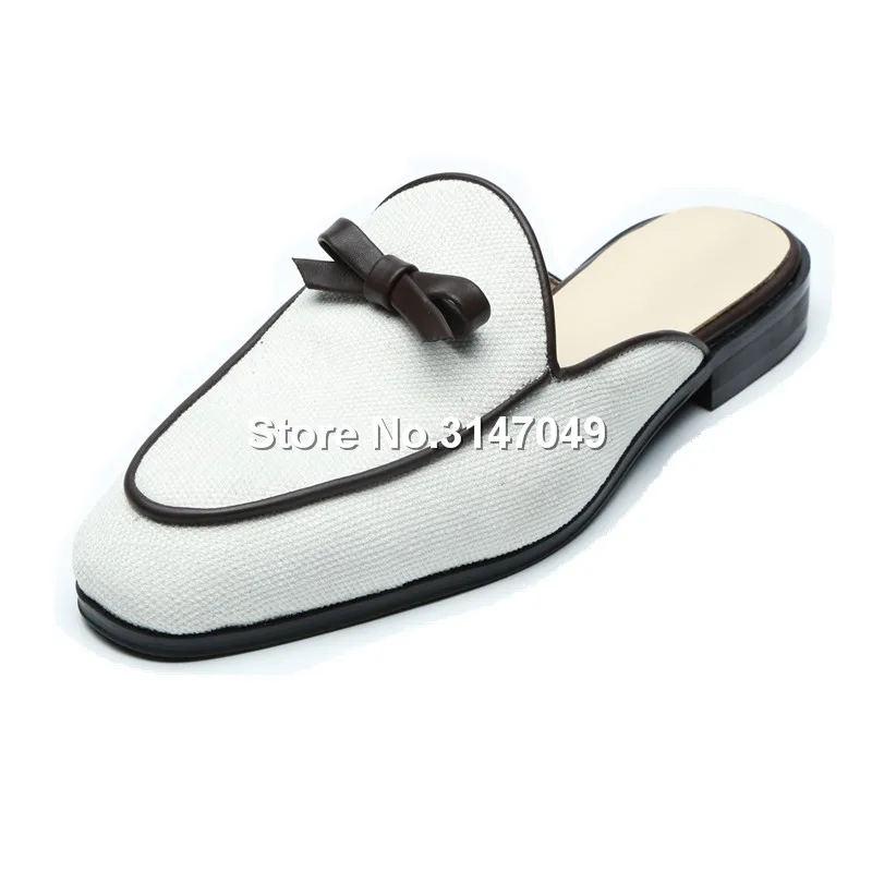 Fashion Men Slippers Shoes Outdoor Spring Autumn Home Slippers Men Shoes White Cloth Leather Slippers Men Bowknot Sewing Slides