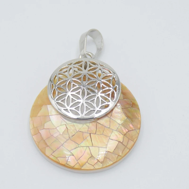 Natural Abalone Shell Flower of Life Necklace Pendant Reiki Amulets Round Hollow Out Circle Pendants for Women Men Charm Jewelry