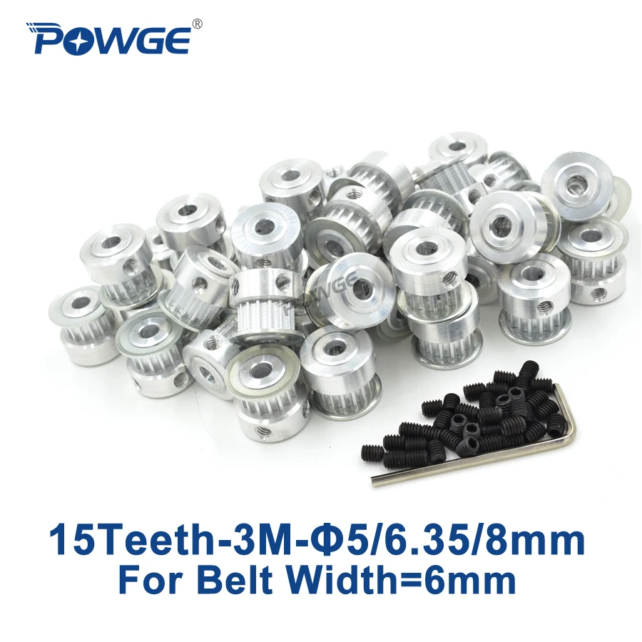 

POWGE 15 Teeth HTD 3M Timing Pulley Bore 5mm 6.35mm 8mm for Width 6mm 3M synchronous belt HTD3M pulley Belt 15Teeth 15T 50pcs