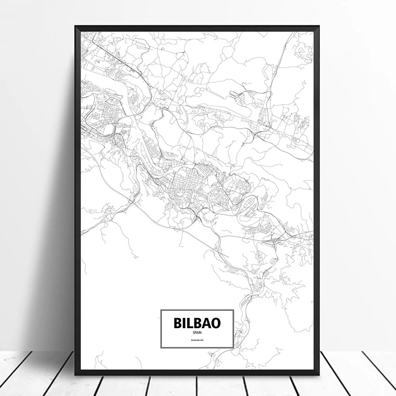 

Bilbao, Spain Black White Custom World City Map Poster Canvas Print Nordic Style Wall Art Home Decor Wall Decor