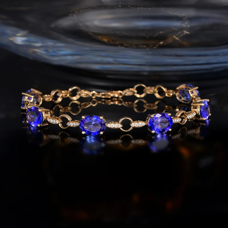 CAIMAO Natural 11.71ctw Oval AAA Blue Tanzanite Pave Diamond 14k Yellow Gold Gem Bracelet