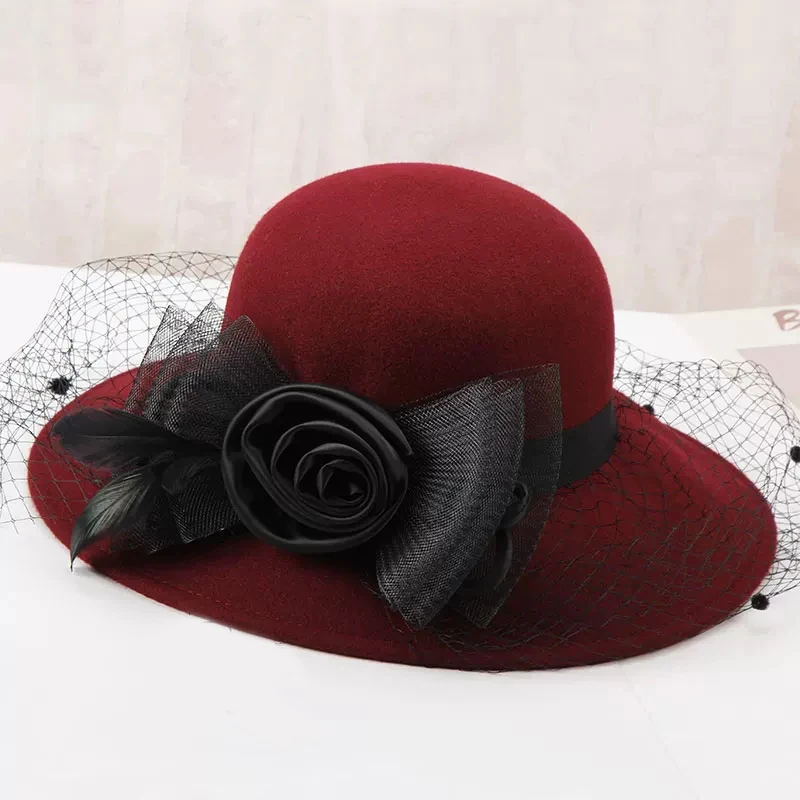 2019 Elegant Women Wool Felt Fedora Wide Brim Hat Cloche Bowler Autumn Winter Church Hats Chapeau Femme Caps Wine Red Black