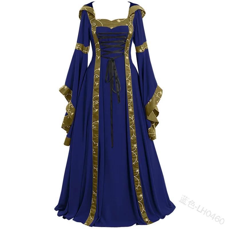 Fato de bruxa vitoriana para mulheres, vestido de vampiro com capuz vintage, vestido renascentista medieval