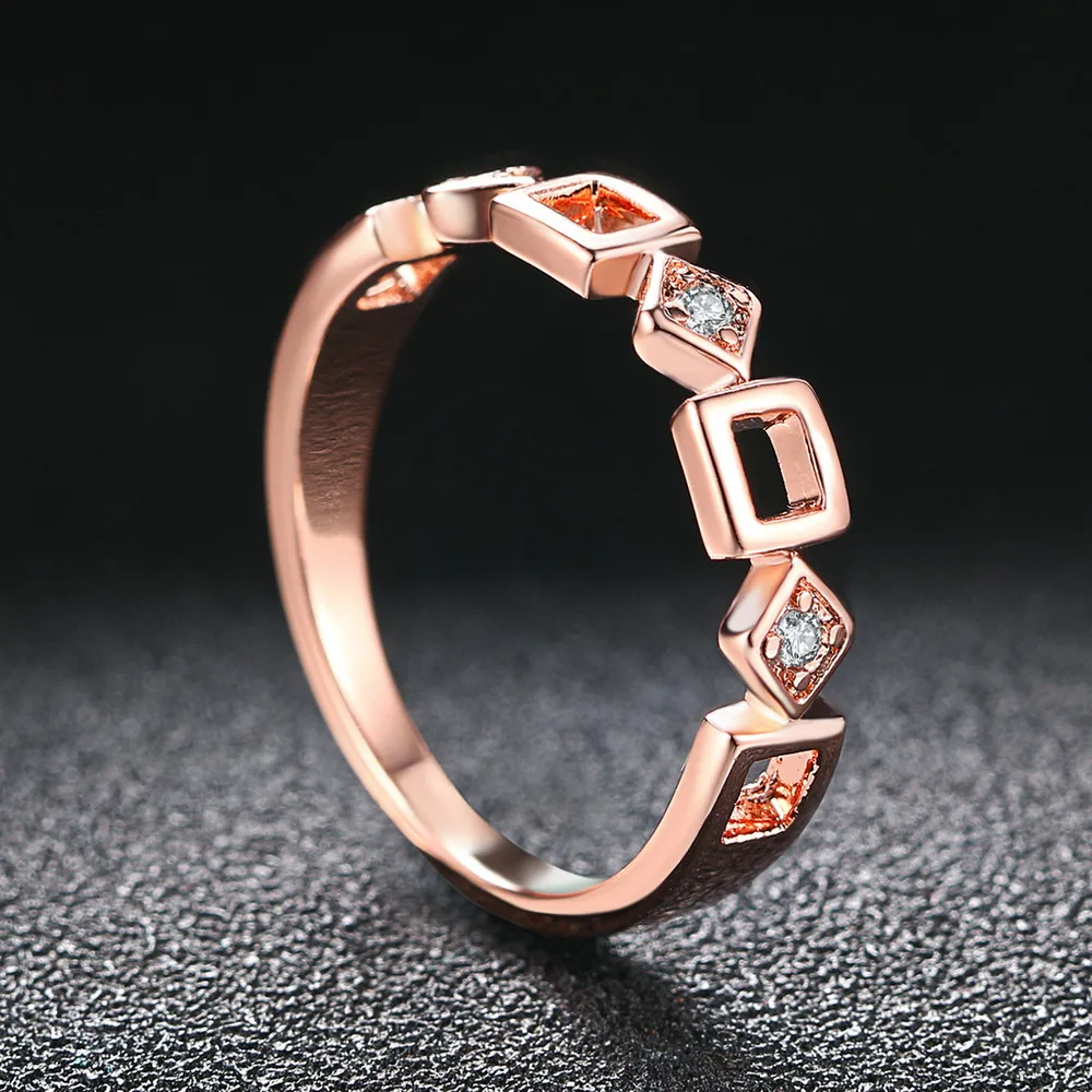 Double Fair Casual Style Rose Gold Color Cubic Zirconia Geometric Finger Rings Fashion Jewelry For Women Girls Party DFR197