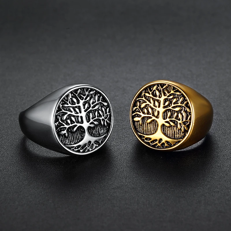 Punk Stainless Steel Titanium Tree Of Life Ring Gold Color Life Tree Rings For Men Ring Jewelry Bague Homme image 5