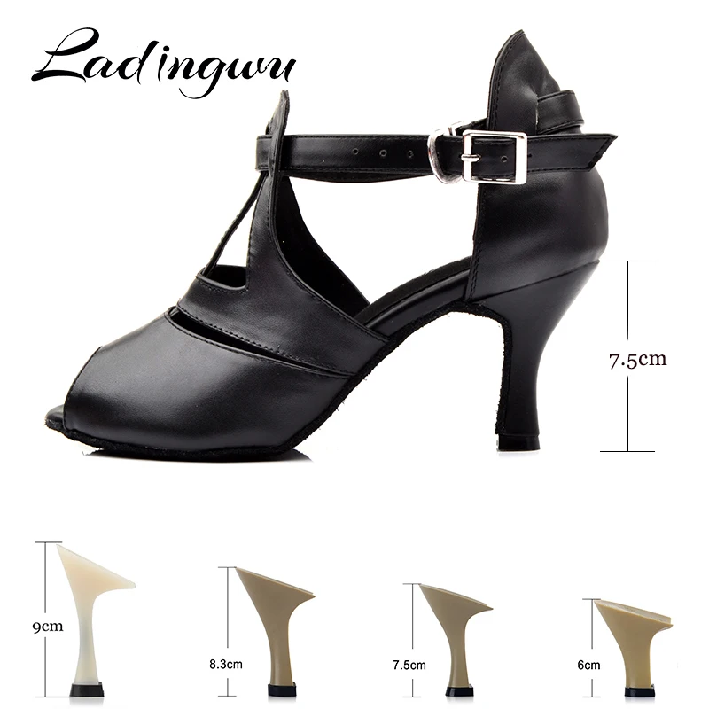 Ladingwu Black Genuine Leather Dance Shoes Woman Latin Comfortable Soft Bottom Salsa Dance Shoes Profession Ballroom Dance Shoes