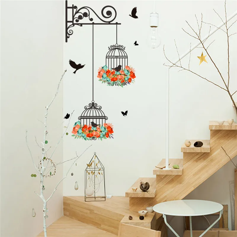 Colorful Flower birdcage flying birds wall sticker Creative home decor living room Decals wallpaper bedroom nursery window decor