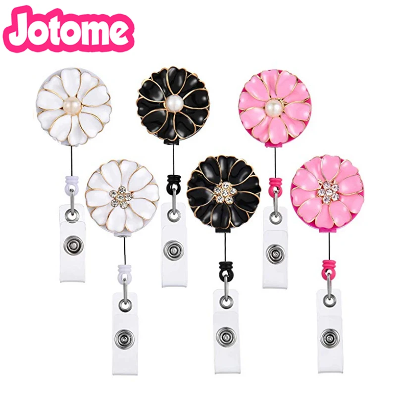 

100pcs Fashion Flower enamel Rhinestone/pearl Elegant Retractable Crystal ID Card Badge Holder/badge reel for nurse/gift