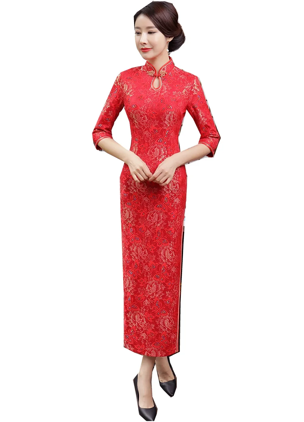 

Shanghai Story Keyhole Velvet Qipao Chinese traditional Dress chinese Oriental dress 3/4 Sleeve long Lace Cheongsam For Women