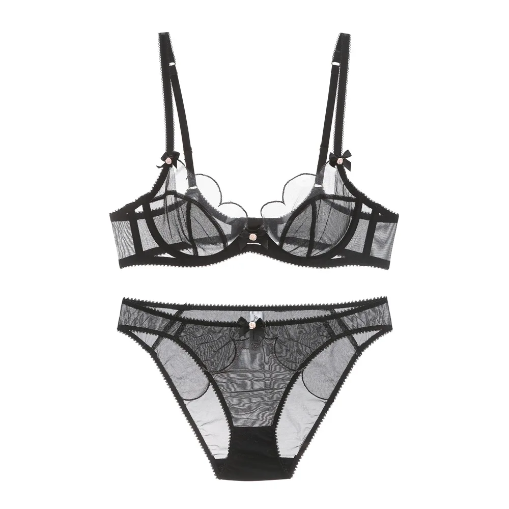 Yhotmeng new love sexy petals gathered with rim perspective bow tie girl ultra-thin cotton pad mesh lace underwear set
