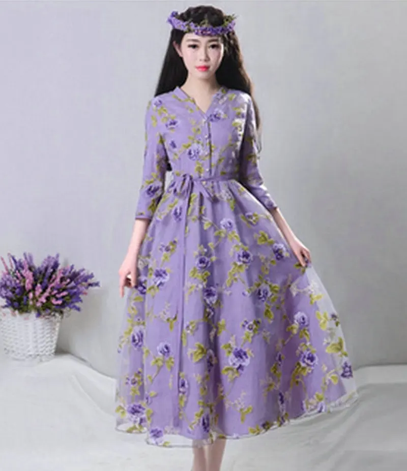 

Women's printed Eugen yarn stitching retro dress empire half sleeves Mid -card dress