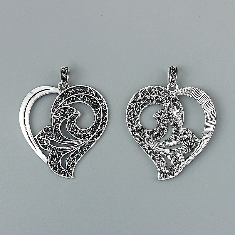 2pcs Antique Large Hollow Open Filigree Heart Shape Charms Pendants for Necklace Jewelry Making Findings 65x61mm