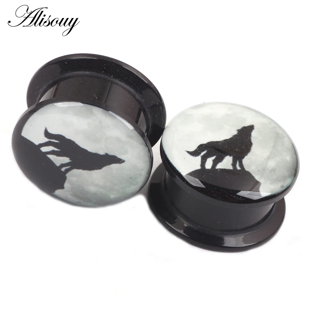 Alisouy 2pcs Night Wolf Animal Acrylic Ear Gauges Plugs Tunnels Stretcheing Expander Screw On Ear Plugs Piercing Body Jewelry