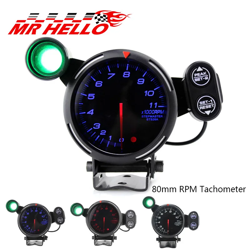 80mm Car Tachometer Gauge Stepper Motor 0-11000 RPM meter Tachometer Car meter Red/Blue/White LED With Shift Light