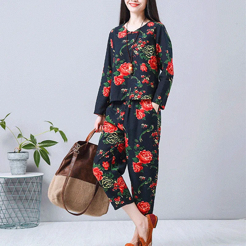 UHYTGF National Wind Sets Mulheres Soft Cotton Linen Printing Loose Summer 2 Piece Set Pullover Top + Pants Casual Suit Feminino 1417