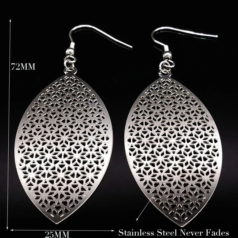 Long Bohemian Stainless Steel Drop Earrings for Women Hollow Silver Color Big  Earrings Women pendientes largos E4122S01