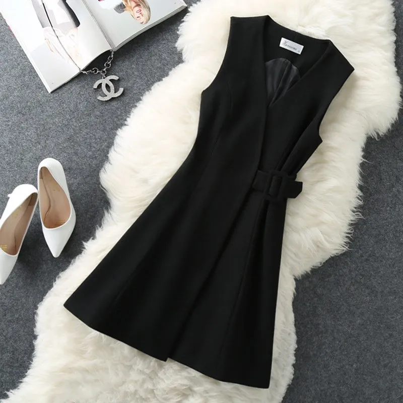 

3XL!women winter woolen dress fashion sleeveless v-neck slim vest wool blends dress office lady