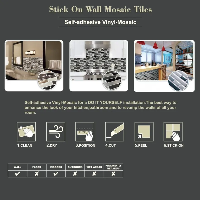 Mosaic Self Adhesive Tile Backsplash Wall Sticker Vinyl Bathroom Kitchen Home Decor DIY W4