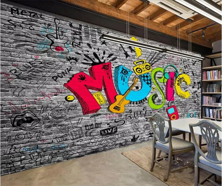 Custom Mural Wall Paper Creative Graffiti Art Music Brick Wall Painting KTV Bar Living Room Home Wall Decoration Wallpaper Plant