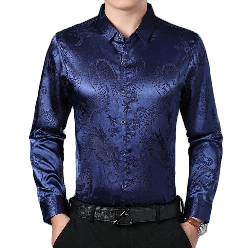 Wine Red Smooth Silk Satin Shirt Men 2019 Chinese Dragon Jacquard Mens Slim Fit Long Sleeve Button Down Dress Shirts Chemise 4XL