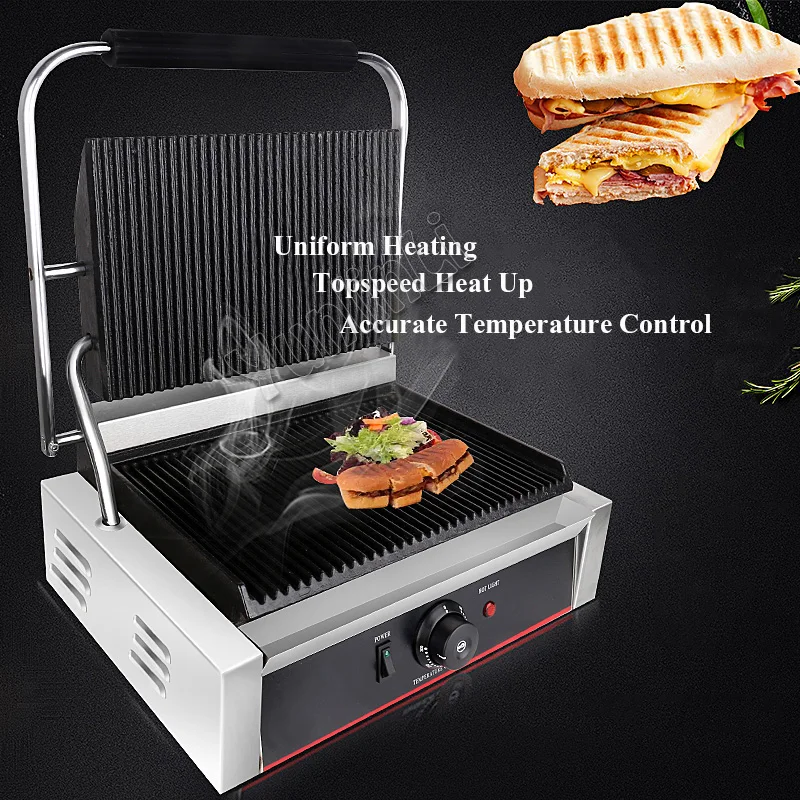 Commercial Electric Stripe Contact Grill Panini Press Plates Sandwich Press Plates Eelctric Steak Contact Grill  Single Stove