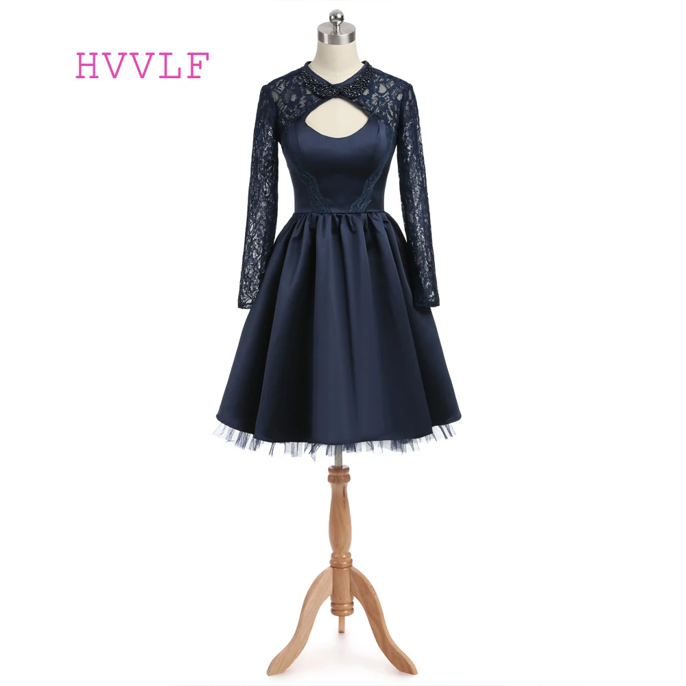 

Navy Blue Homecoming Dresses A-line High Collar Long Sleeves Satin Beaded Lace Open Back Sexy Cocktail Dresses