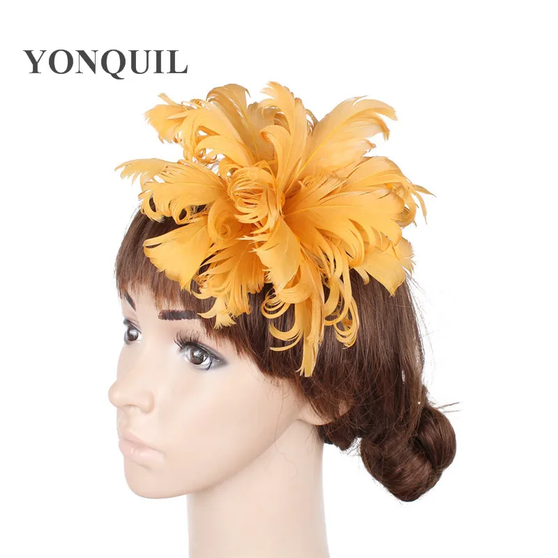 Yellow Feather Flower Headwear Handmade For Women Elegant Fashion Fascinator Hat Or For Bride Brooch DIY Hair Accessories Hat