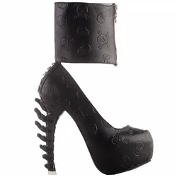 LF80667 Punk Skull Print Zipper Ankle Cuff Hidden Platform Bone Heel Club Pupms