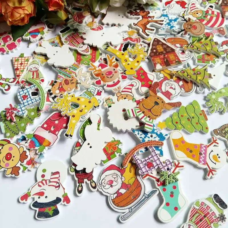 Bulk 50Pcs/lot Mixed Christmas Buttons 2 Holes Wooden Buttons forCraft Scrapbooking Amazing Women DIY Decorative Buttons