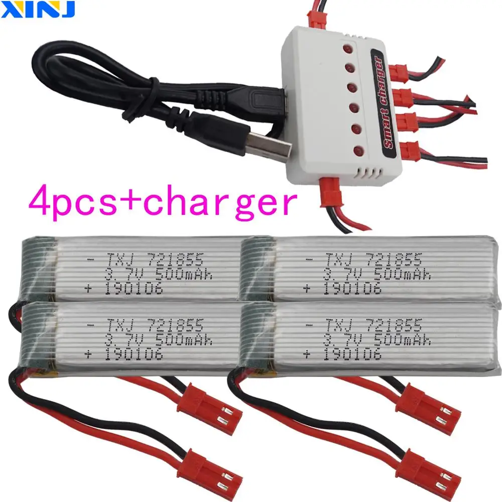 

Charger+ 4pcs 3.7V 500mAh 1.85Wh 25C Polymer Li Lithium Battery Lipo 721855 JST For Syma X5c Cheerson CX-30W RC Quadcopter Drone